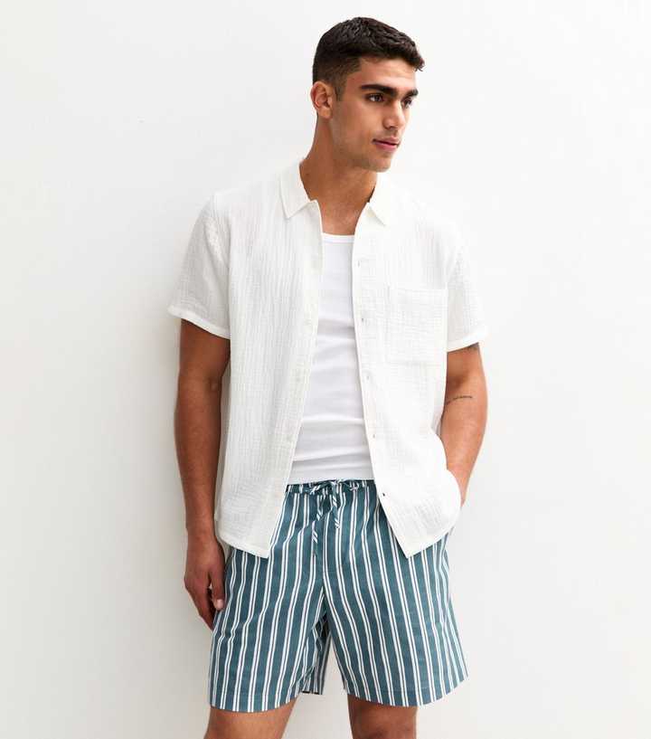 Blue Regular Fit Linen Look Striped Shorts