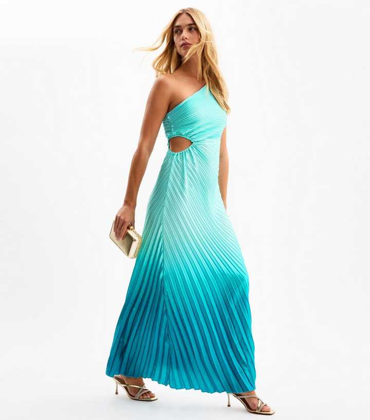 Blue Ombre Pleated Satin Maxi Dress