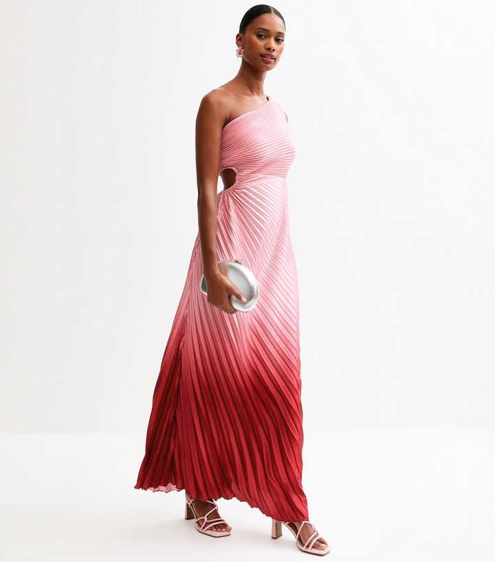 Pink Ombre Pleated Satin Maxi Dress
