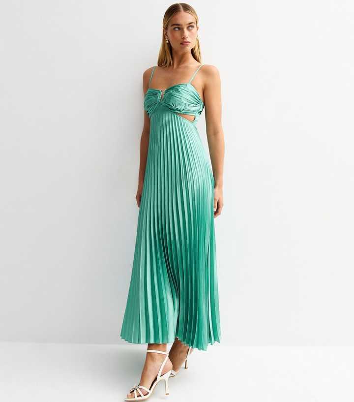 Blue Satin Plisse Cut Out Midi Dress