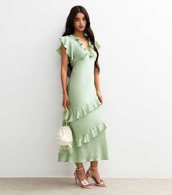 Green Satin Ruffled Midi Dress