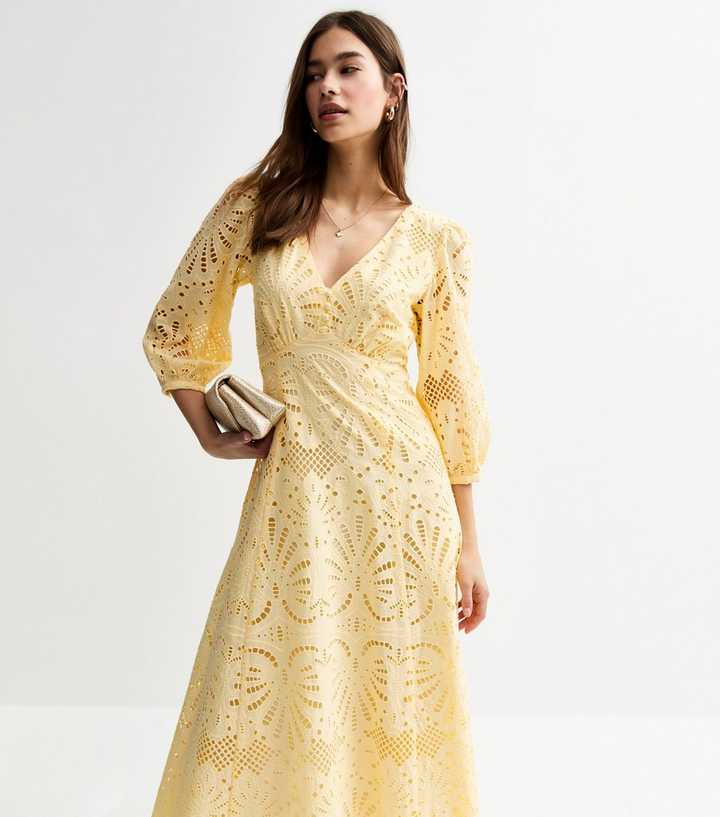 Yellow Broderie Anglaise Midi Dress | New Look