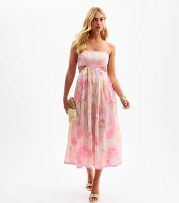 Pink Floral Print Textured Stripe Cut Out Maxi Dress