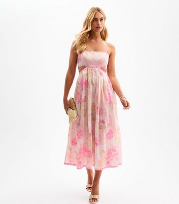 Pink Floral Print Textured Stripe Cut Out Maxi Dress