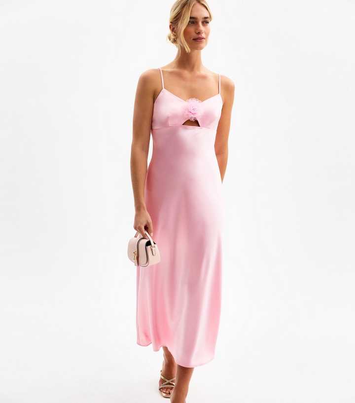 Light Pink Satin Cut Out Corsage Slip Dress