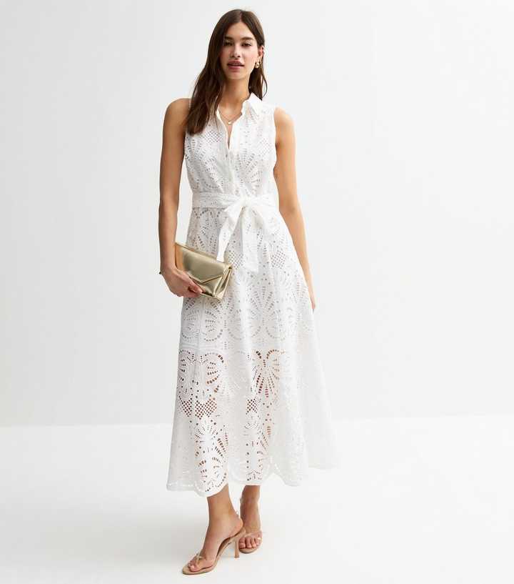 White Broderie Anglaise Belted Midi Shirt Dress