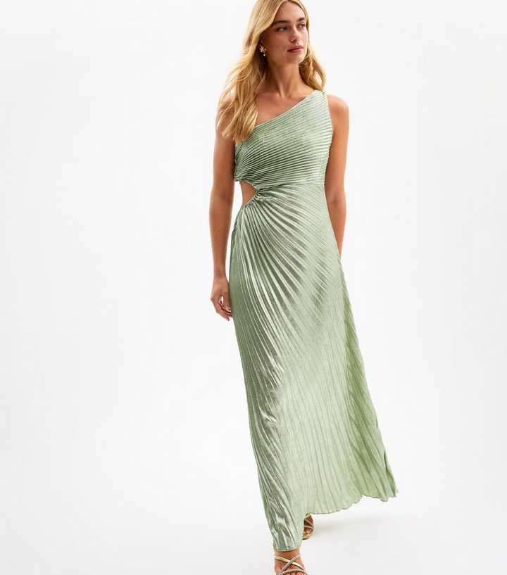 Light Green Metallic Satin Pleated Maxi Dress