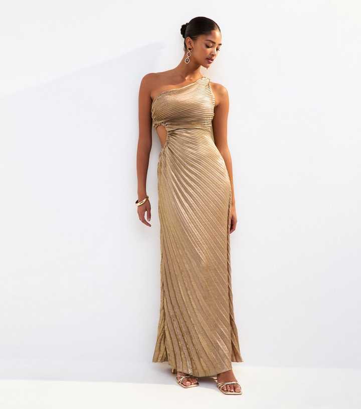 Gold Metallic Satin Pleated Maxi Dress