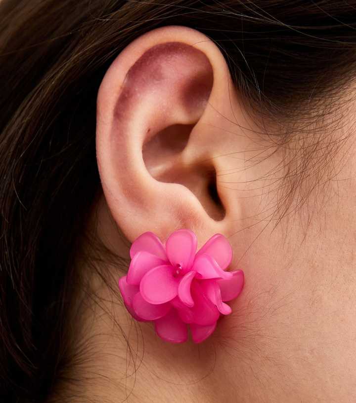 Bright Pink Three Dimensional Flower Stud Earrings