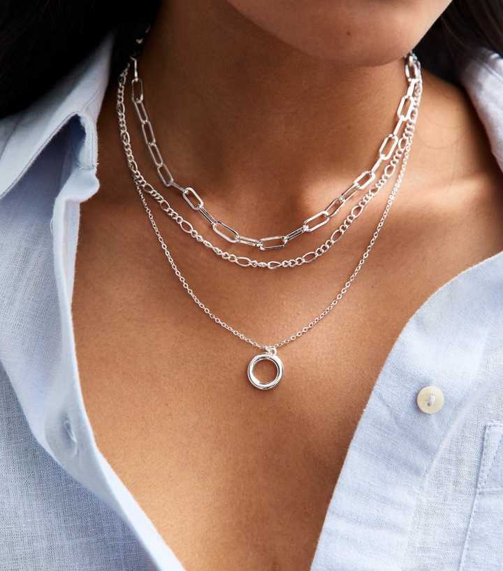 Silver-Tone Multi Layer Chain Circle Pendant Necklace