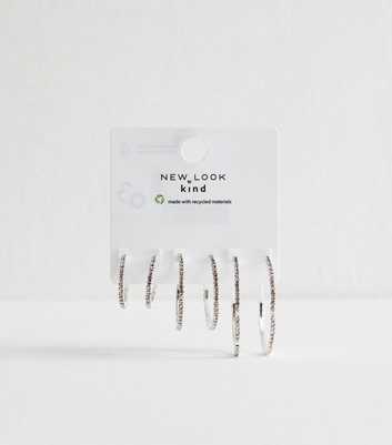 Silver Tone Pack Of 3 Mixed Size Diamantè Hoop Earrings
