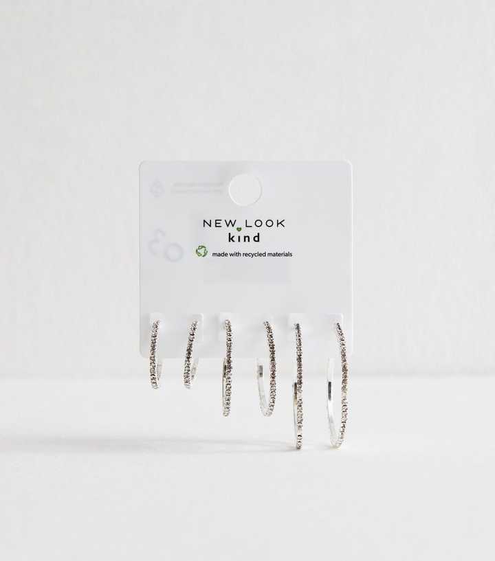 Silver Tone Pack Of 3 Mixed Size Diamant?� Hoop Earrings
