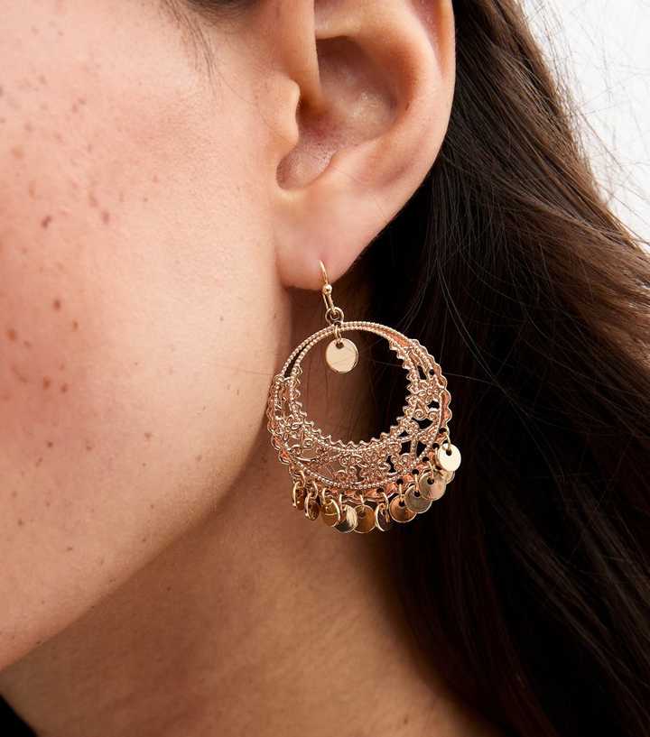 Gold Tone Tassel Trim Hoop Earrings