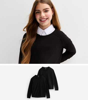 Girls Black Pack Of 2 Crew Neck School Jumpers