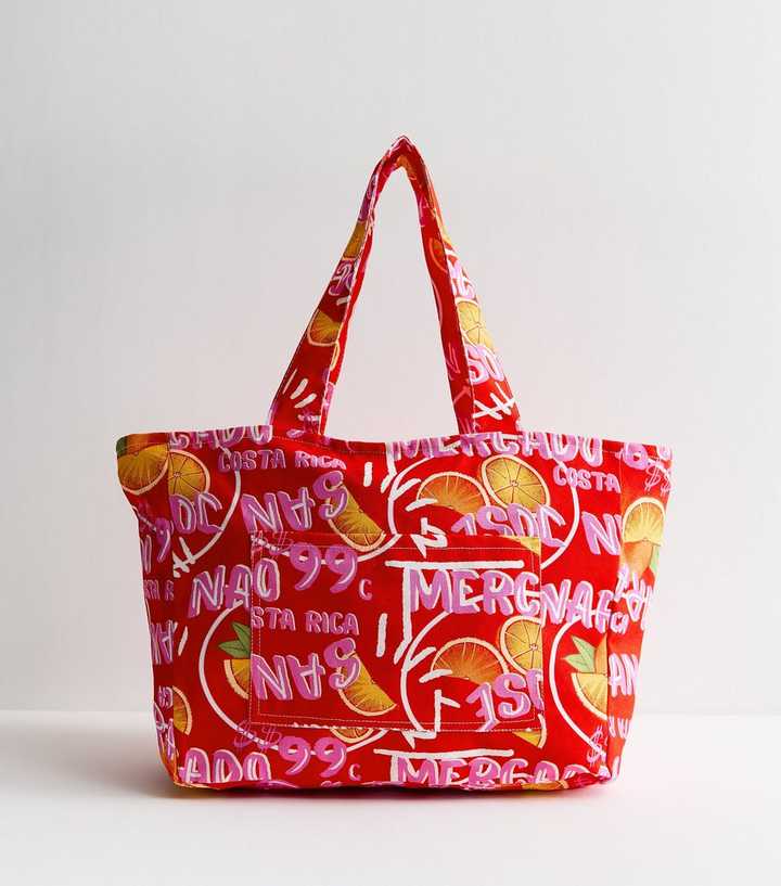 Red Citrus Print Cotton Tote Bag