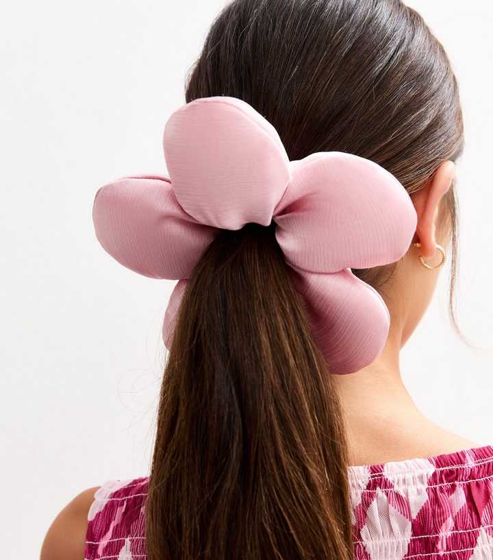 Pink Satin Flower Padded Hair Scrunchie