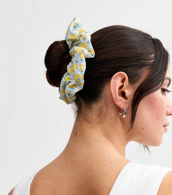 Yellow Lemon Print Broderie Anglaise Scrunchie