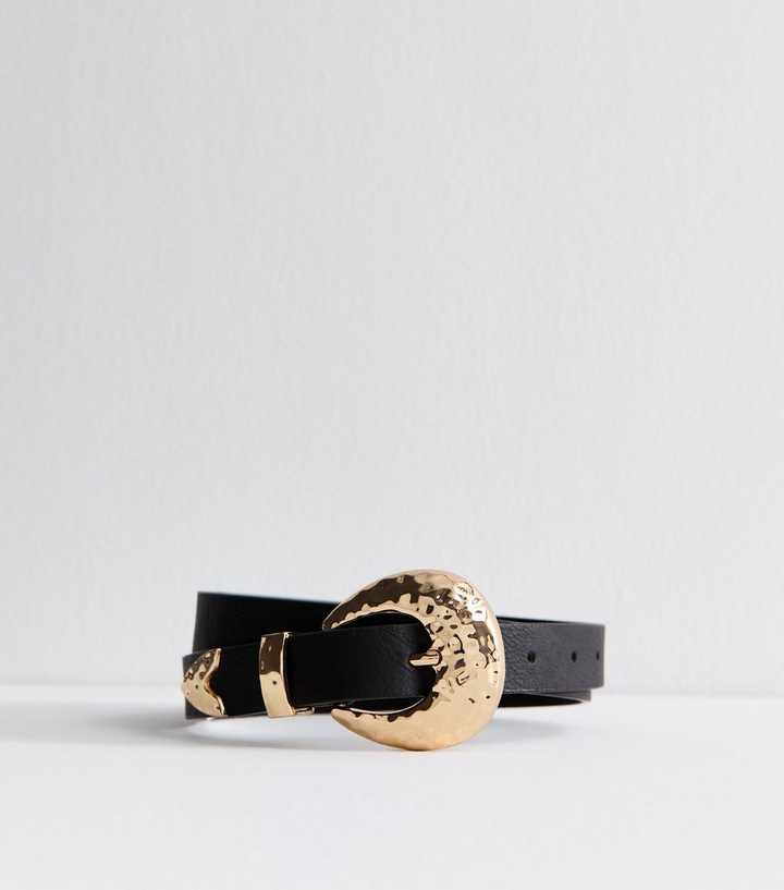 Black Faux Leather Textured Buckle Jean Belt