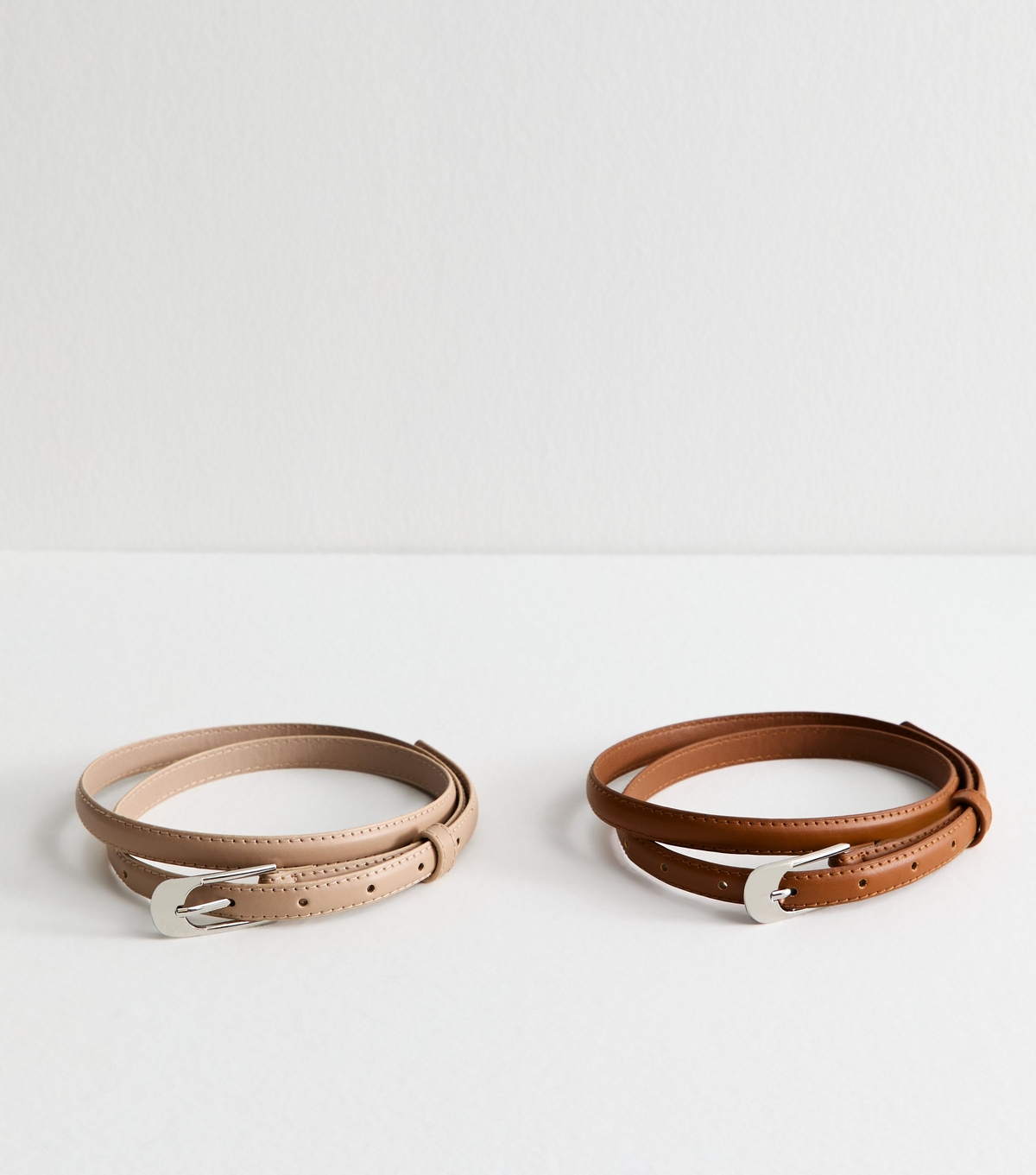 Pack of 2 Beige and Brown Faux Leather Skinny Belts New Look