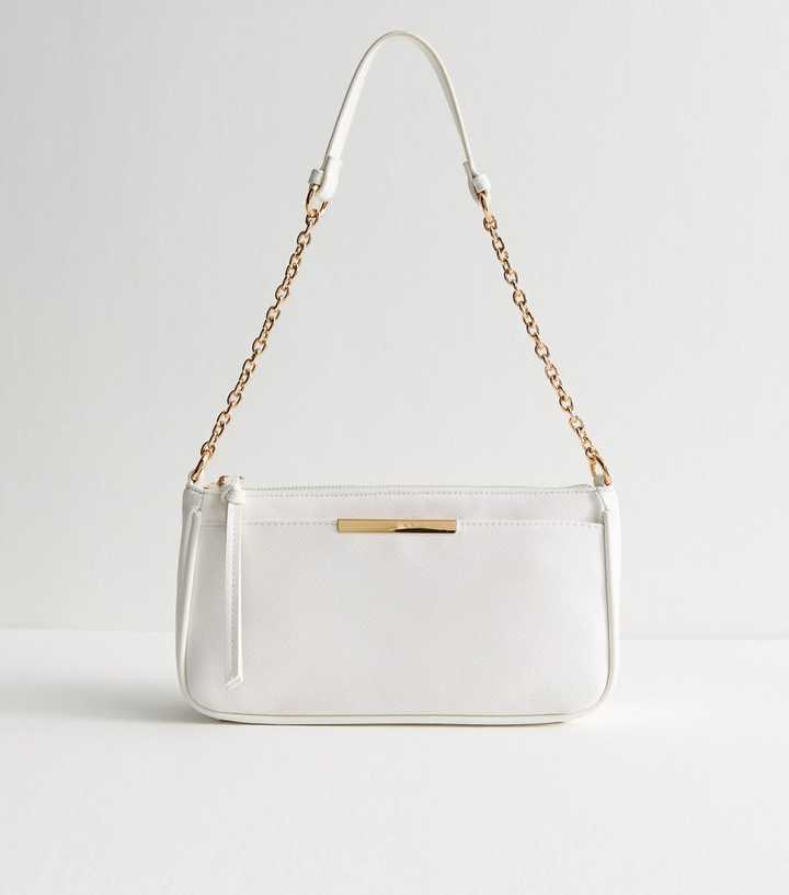 White Grained Faux Leather Shoulder Bag