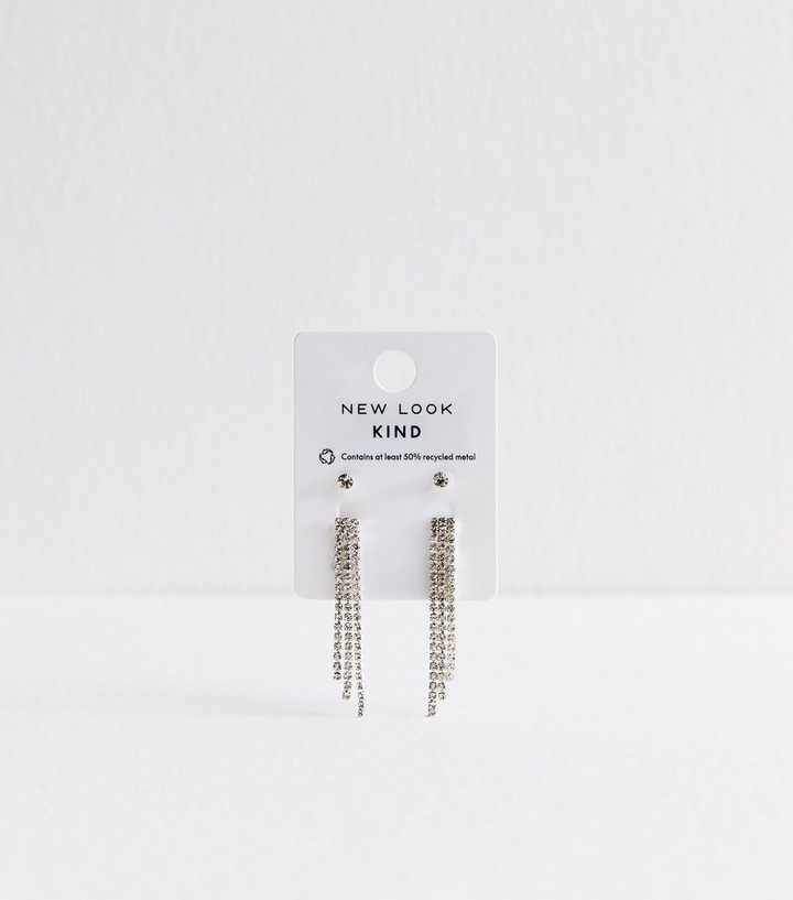 Silver Tone Pack Of 2 Diamante Stud Tassel Earrings
