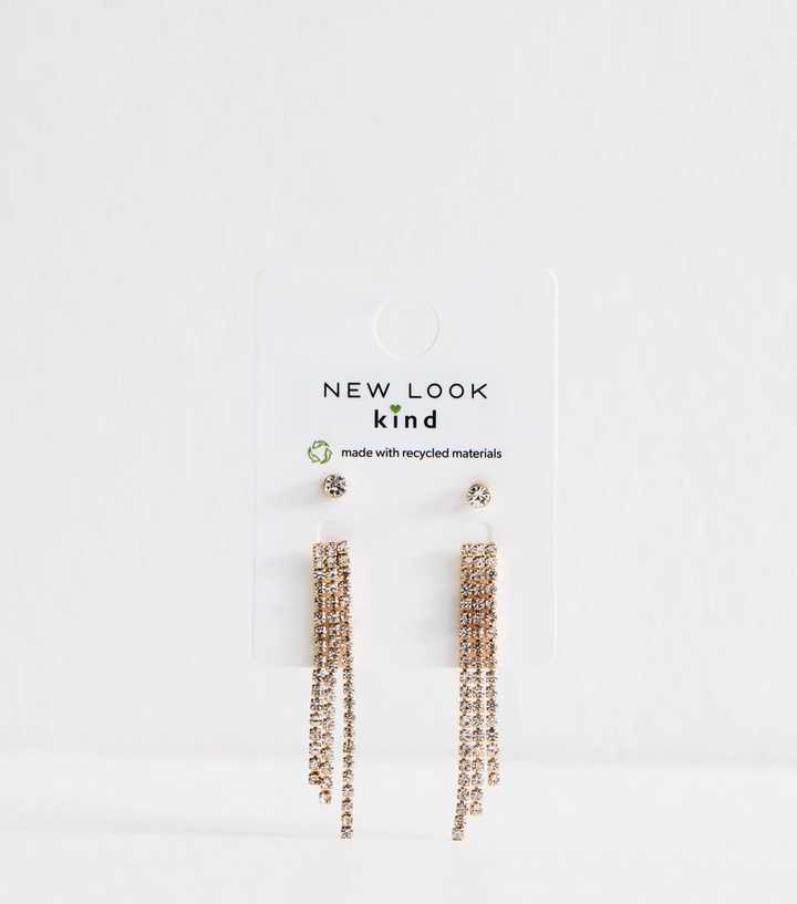 Gold Tone Pack Of 2 Diamantè Stud Tassel Earrings
