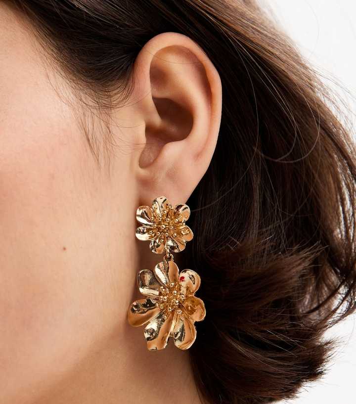 Gold Tone Two Flower Drop Stud Earrings