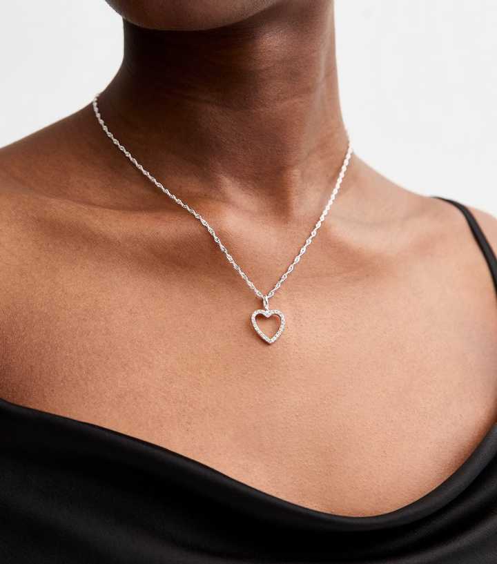 Silver Tone Twist Chain Diamanté Heart Charm Necklace