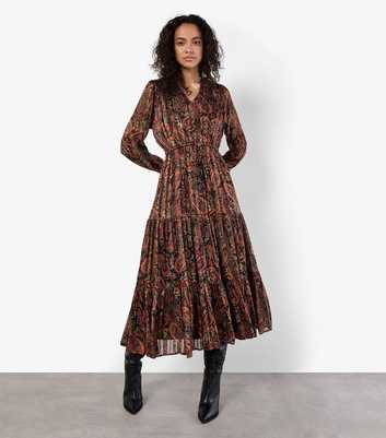 Apricot Black V-Neck Paisley Midi Dress