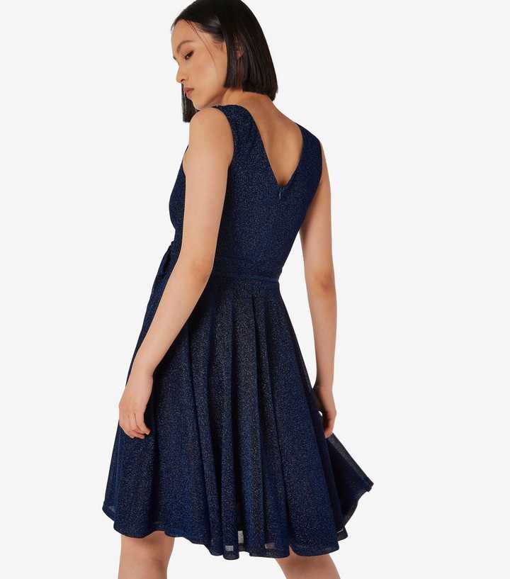 Apricot Navy Metallic V-Neck Pleated Skater Dress | New Look