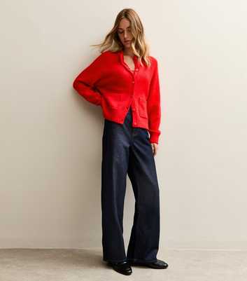 Bright Red Double Pocket Textured Knit Cardigan