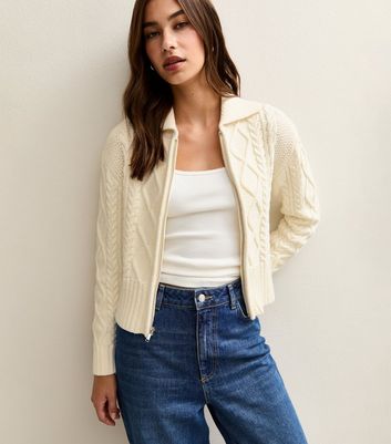White Cable Knit Collared Zip Through Cardigan | New Look