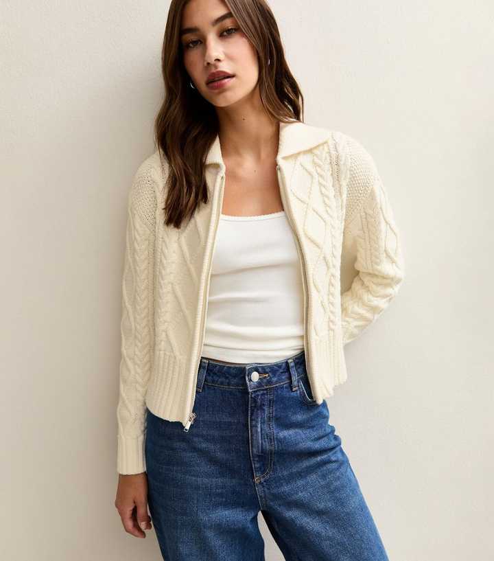 White Cable Knit Collared Zip Through Cardigan