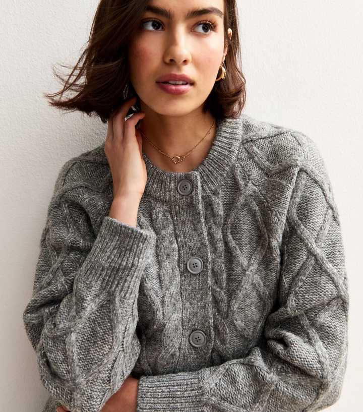 Grey Cable Knit Crew Neck Cardigan
