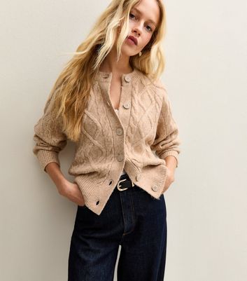 Camel Cable Knit Crew Neck Cardigan New Look