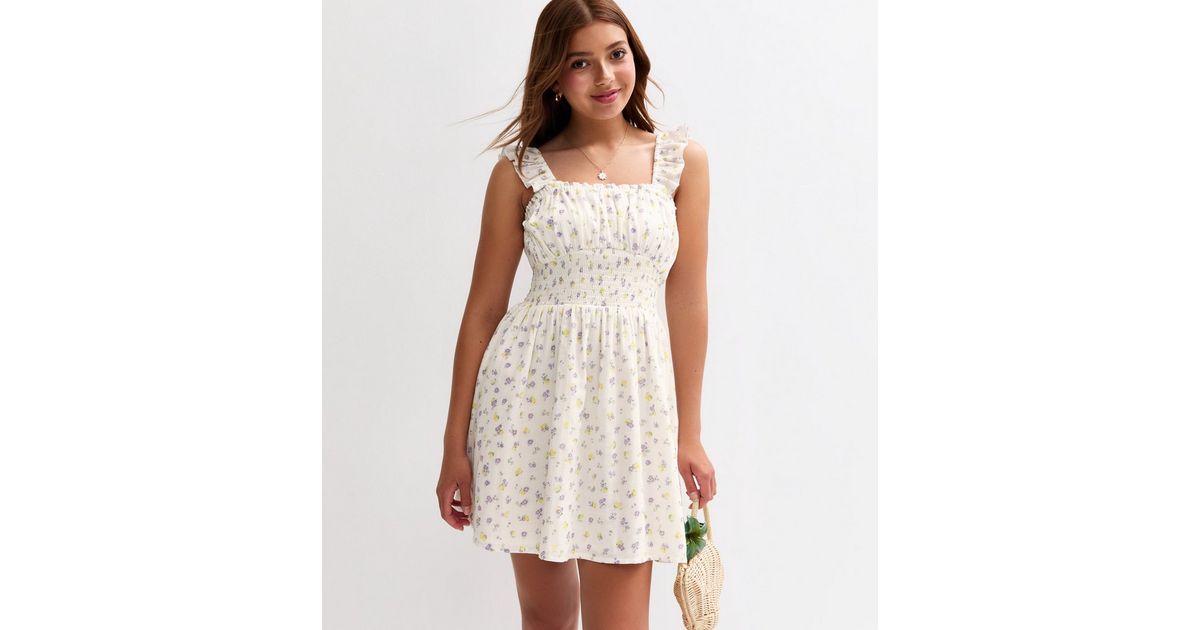 Girls White Floral Lemon Print Dress New Look