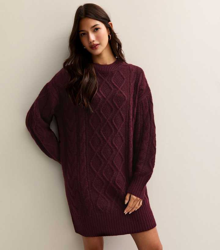 Cable Knit Maroon Knit Dress Dark Burgundy Cable Knit Crew Mini Dress New  Look