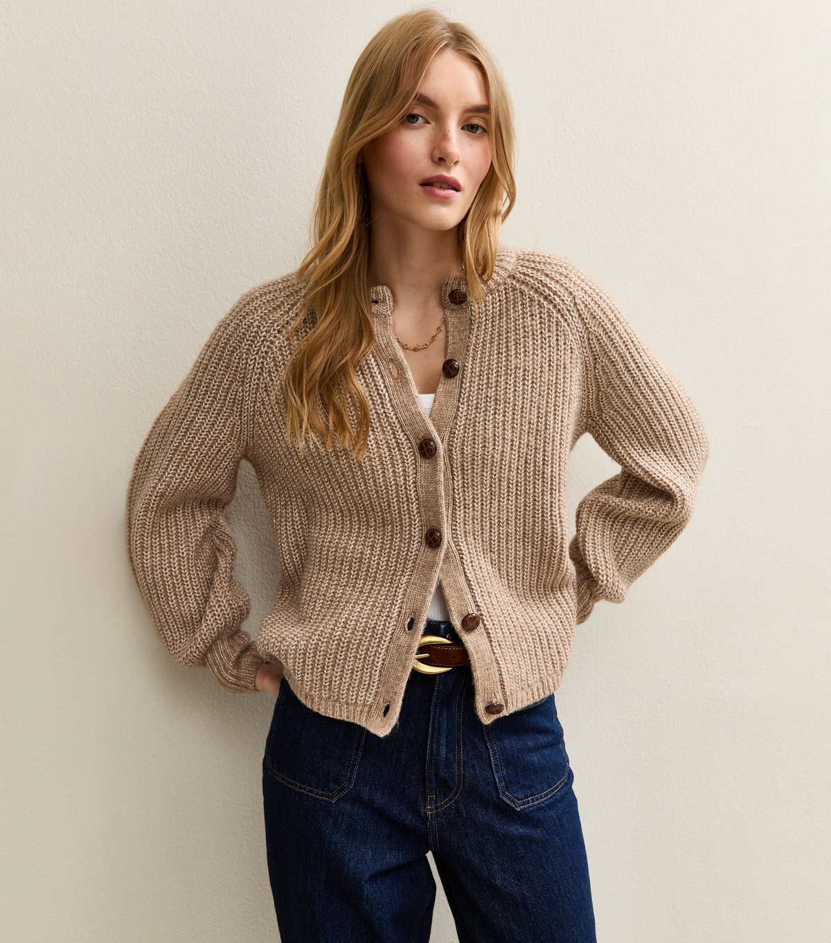 Women's Camel Ribbed Knit Raglan Sleeve Cardigan New Look
