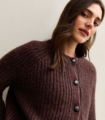 Dark Burgundy Raglan Rib Cardigan New Look