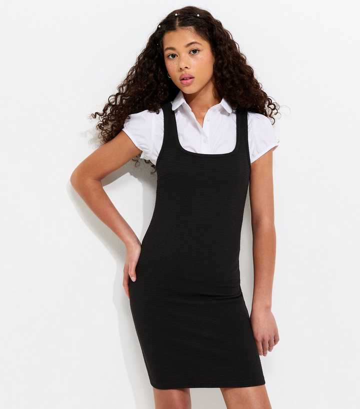 Girls Black Textured Jersey School Pinafore Dress