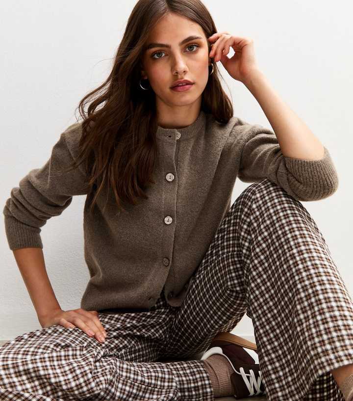 Dark Mink Crew Neck Knit Cardigan
