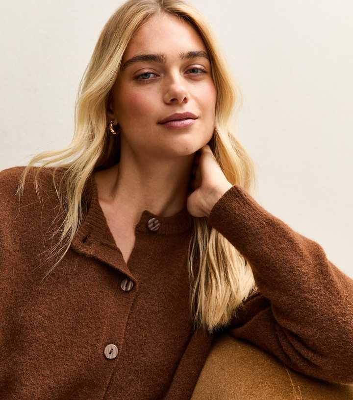 Dark Brown Crew Neck Knit Cardigan