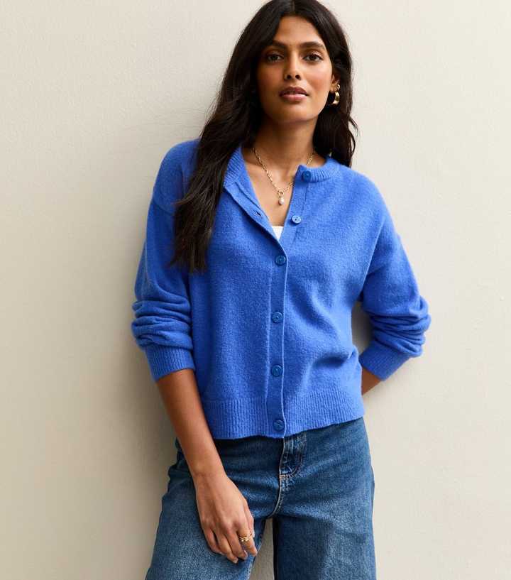 Bright Blue Crew Neck Knit Cardigan