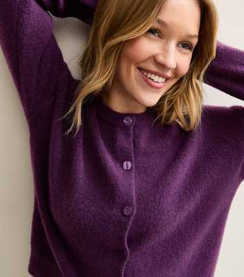 Dark Purple Crew Neck Knit Cardigan