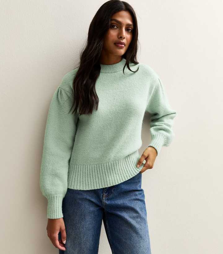 Mint Green Puff Sleeve Crew Neck Jumper
