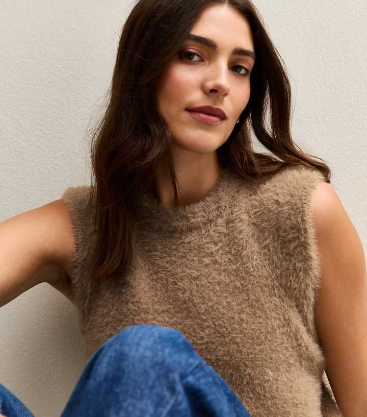Camel Fluffy Knit Tank Top