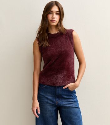 Burgundy Fluffy Knit Tank Top | New Look