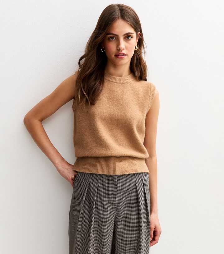 Camel Crew Neck Knit Vest