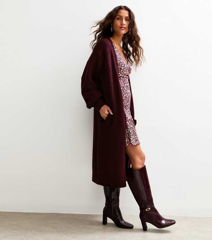 Fluffy Cardigan Michelle Keegan Long Cardigan Burgundy Relaxed Longline  Cardigan New Look