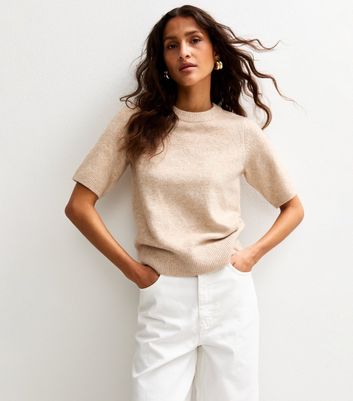 新品未使用　今季　Short knit Camel Camel Short Sleeve Midweight Knit Tee | New Look